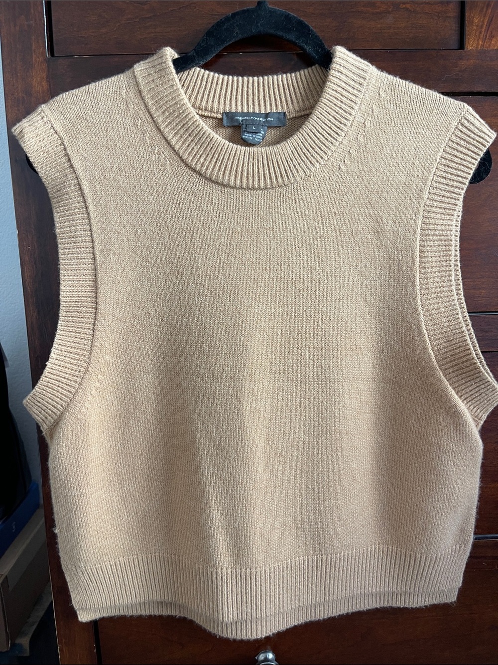 French Connection Camel Sleeveless Crewneck Sweater Vest